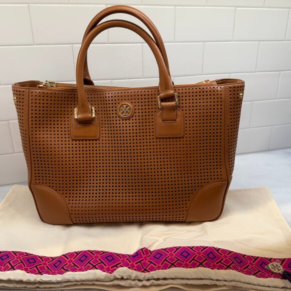 Tory Burch Robinson Perforated Tote Double Zip Tote (Long Strap Not Included) - Picture 1 of 10
